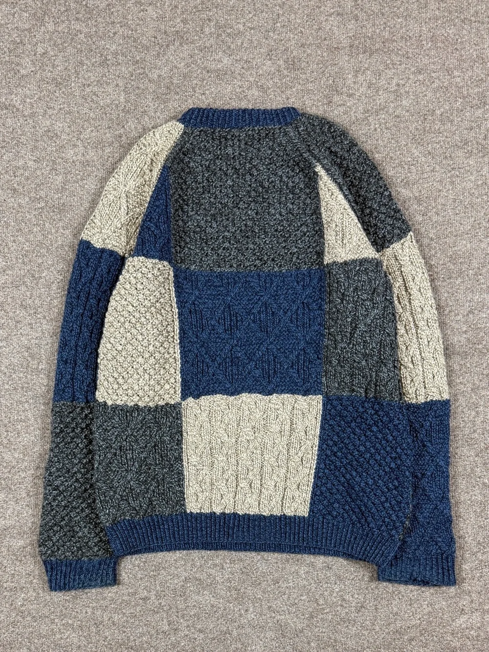 Vintage 90s Hand Knit Merino Wool Colorblock Cableknit Crewneck Sweater Men’s XL
